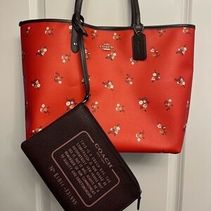 Coach Red Floral Tote with Black Accents